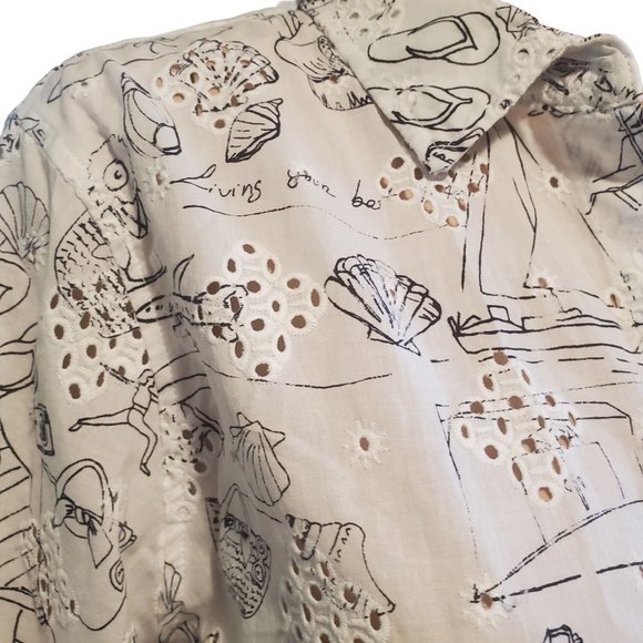 Chico's Sz 12/14 Novelty Vacation Print Eyelet Button Up Balloon Sleeve Top - Picture 3 of 11